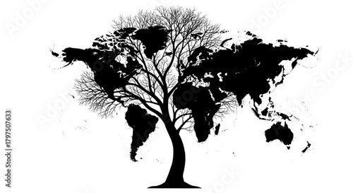 Striking world map formed by a tree in black and white, symbolizing global growth, environment, and interconnectedness for a powerful message