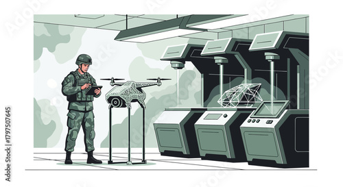 Futuristic military technology illustration featuring soldier, drone, and 3d printers in a
