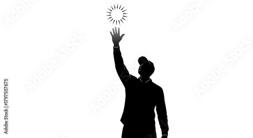Silhouette of a man reaching for a shining light, embodies hope, ambition, and the pursuit of dreams in a minimalist black and white design