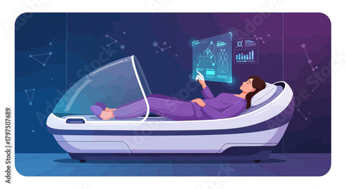 Futuristic medical technology illustration featuring a woman in a diagnostic pod with digital