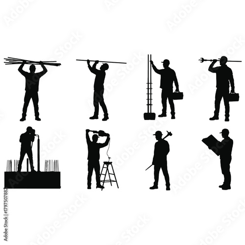 Construction worker silhouettes performing various tasks with tools and materials building labor