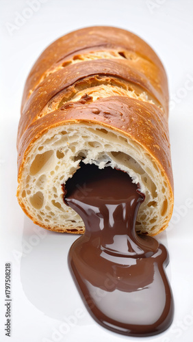 Fresh bread roll with sweet, molten chocolate filling oozing out. This delicious, gooey dessert snack looks incredibly indulgent and messy, isolated on white background