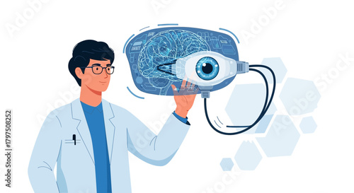 Futuristic vision: Doctor presenting advanced eye technology with brain interface graphic