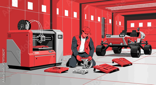 Futuristic vehicle assembly with 3D printing technology innovation and man's involvement in the