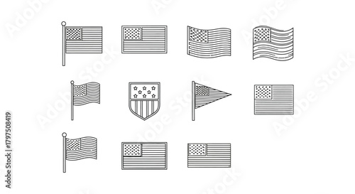 American flag outline vector icons set patriotic symbol design