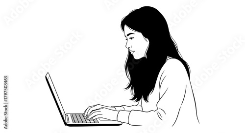 Woman using laptop computer for work or study black and white
