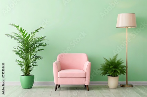 Cozy pink armchair and plants in a light green room