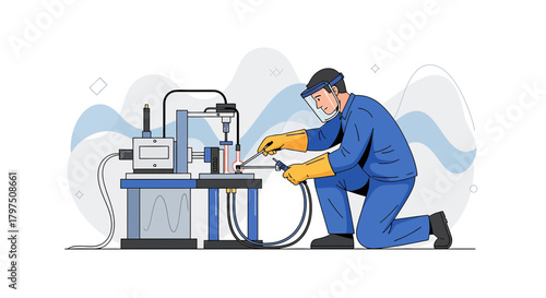 Illustration depicting a factory worker in personal protective equipment operating machinery