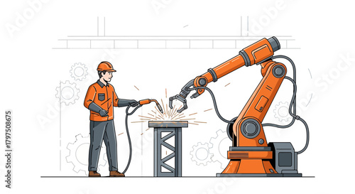 Illustration depicting a human welder working alongside an industrial robotic arm in a factory