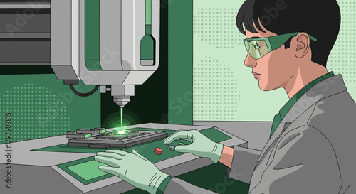 Illustration depicting a scientist using laser technology in a laboratory setting for innovation