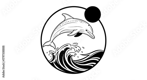 Dolphin jumping out of the ocean waves black and white drawing