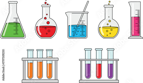 Set of Colorful Chemistry Laboratory Glassware Icons, Including Flasks, Beaker, Measuring Cylinder, and Test Tubes with Chemical Solutions for Science Education Vector