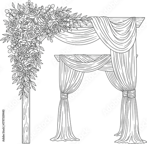 Set of Wedding Arch Drapes and Floral Garland Line Art Vector Illustration - Elegant Ceremony Outline Sketch