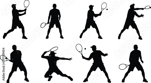 silhouette, tennis, player, racket, serve, forehand, backhand, motion, action, sport, dynamic, black, figure, posture, athletic, ball, stroke, illustration, graphic, design, movement