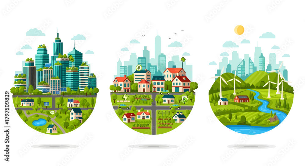 Obraz premium Three ecological communities showing green energy, urban development, and sustainable living.