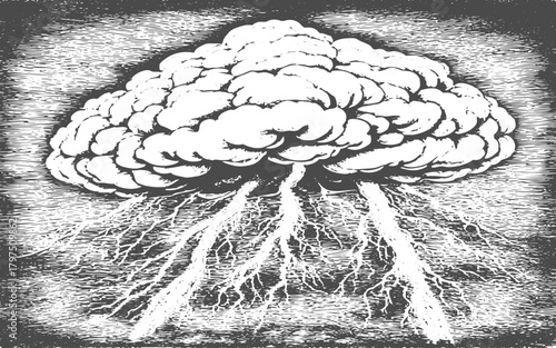 Dramatic vintage storm cloud with lightning bolts - hand drawn engraving for retro design