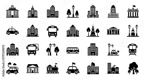 Black silhouette icon set representing city buildings, vehicles, and street lamps.
