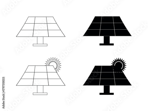 solar panel icon set. eco friendly power industry. sustainable, renewable and alternative energy symbols 
