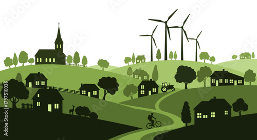 Green rural landscape with houses, church, windmills, cyclist, tractor, and deer.