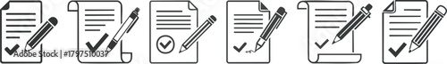 Contract agreement icon showing pen signing document with checkmark symbol for clear business approval illustration
