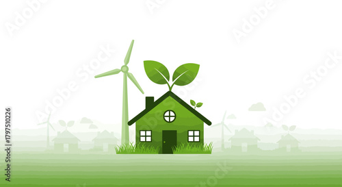 Green house with leaves and a wind turbine represents sustainable living.