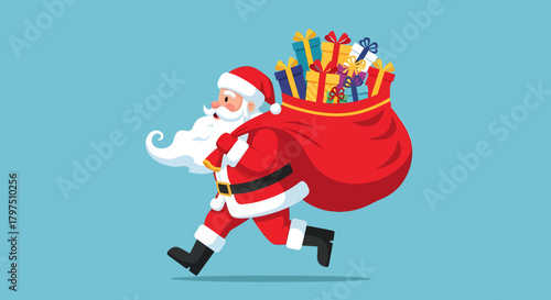 Cartoon Santa Claus running with a large sack full of colorful Christmas presents.