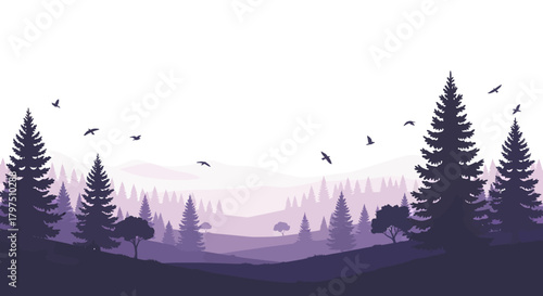 Purple landscape silhouette with evergreen trees, hills, and birds flying in the sky.