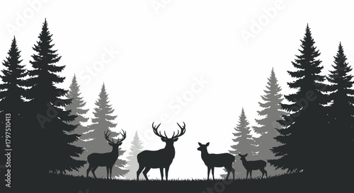 Silhouette illustration of deer family among evergreen trees in foggy forest.