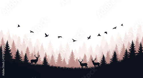 Silhouette illustration of deer in a forest with flying birds above the trees.