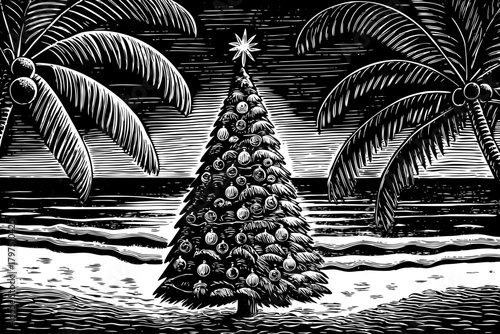 tropical Christmas tree decorated with seashell ornaments stands black and white on white sand with turquoise water and palm trees in the background