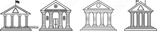 Court building icon with pillars and triangular roof depicting classical courthouse architecture in clean outline style