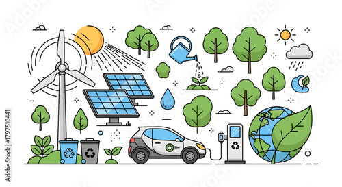 Vector illustration showing renewable energy sources and eco-friendly practices for environmental sustainability.