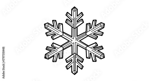 A minimalist black and white line art illustration of a single symmetrical snowflake, representing the concept of winter and cold