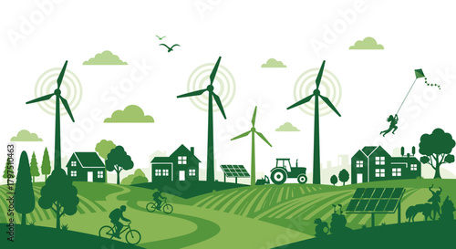 Green landscape with wind turbines, solar panels, houses, and people enjoying nature.