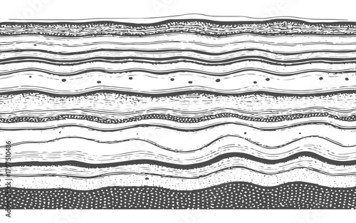 Black and white graphic illustration of geological strata with varied textures and patterns abstract