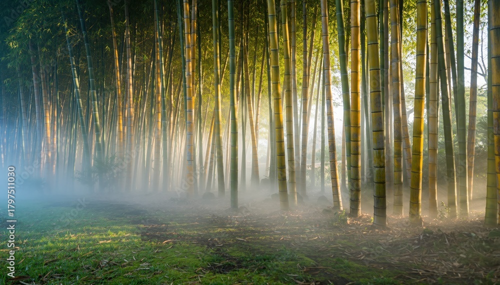 Fototapeta premium Bamboo Forest Whispers: A serene landscape, showcasing a dense bamboo forest shrouded in a mystical fog, creating an atmosphere of tranquility and natural beauty.