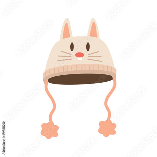 Cute Bunny Ear Flap Hat with Pom-Poms Illustration. Warm Fuzzy Winter Hat. Cold Weather Knit Cap