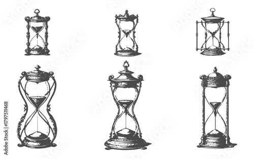 Vintage engraved illustration set of hourglasses for timeless retro design.