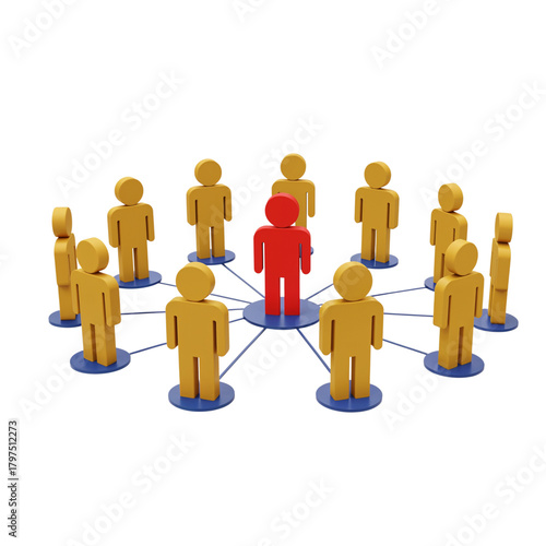 Red leader among yellow figures in a circle representing teamwork community and connection transparent background