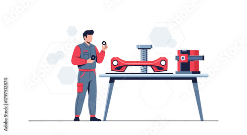 Illustration depicting an engineer inspecting parts fabricated with 3D printing technology