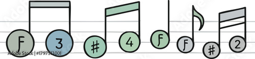 Musical Notation Study Depicting Notes, Sharps, and Figures on Staff Lines