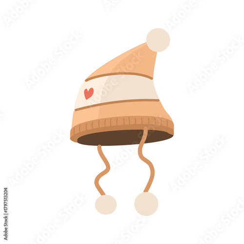 Cozy Beige Winter Hat with Heart and Pom-Poms. Warm Knitted Winter Beanie. Knitted Beanie for Winter Season.