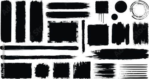 Collection of diverse black grunge paint brush strokes and splatters for artistic design elements