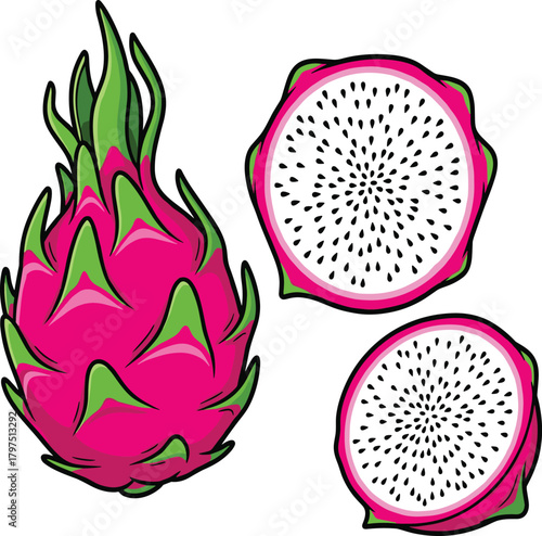 Vibrant Cartoon Dragon Fruit (Pitaya) Whole and Sliced Vector Illustration - Tropical Food Graphic