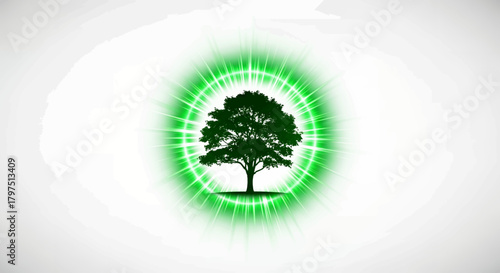 Vibrant green energy radiates from a majestic tree silhouette, symbolizing growth and natural power in a clean, modern design.
