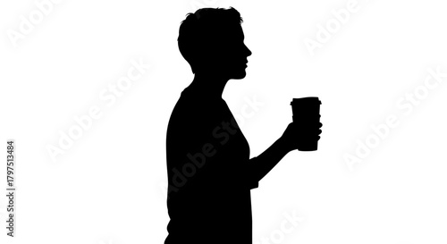 Silhouette of a modern person holding a coffee cup, symbolizing a quick break or on the go lifestyle, perfect for advertising and design projects