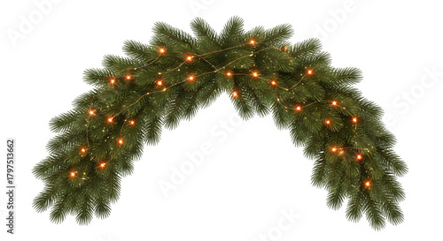Arch of realistic green fir branches decorated with warm white fairy lights isolated on transparent background