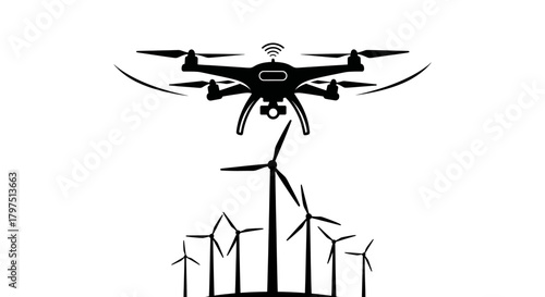 Modern drone monitors wind farm operations for renewable energy efficiency and sustainable power generation