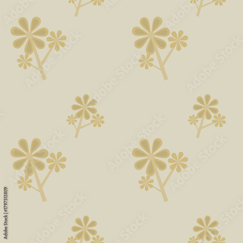 A seamless pattern featuring stylized floral motifs with three flowers per motif. The flowers have round petals and are arranged on a light beige background. 