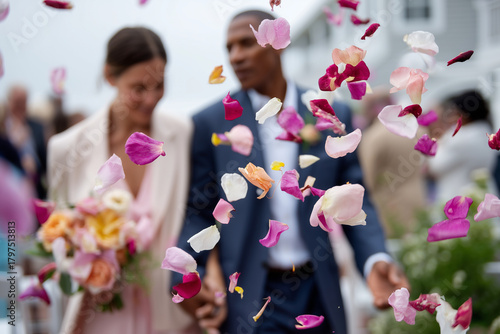Close-up flower petals falling during recessional, blurred couple walking behind, dreamy celebratory mood, 